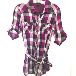 Guess Black & Purple Plaid Button Down Shirt
